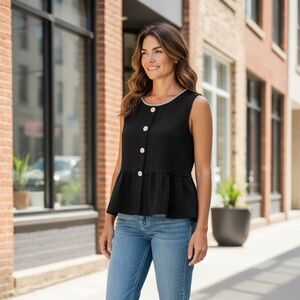 Black Sleeveless  Top with Button Detail